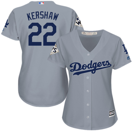 Dodgers #22 Clayton Kershaw Grey Alternate Road World Series Bound Women's Stitched MLB Jersey